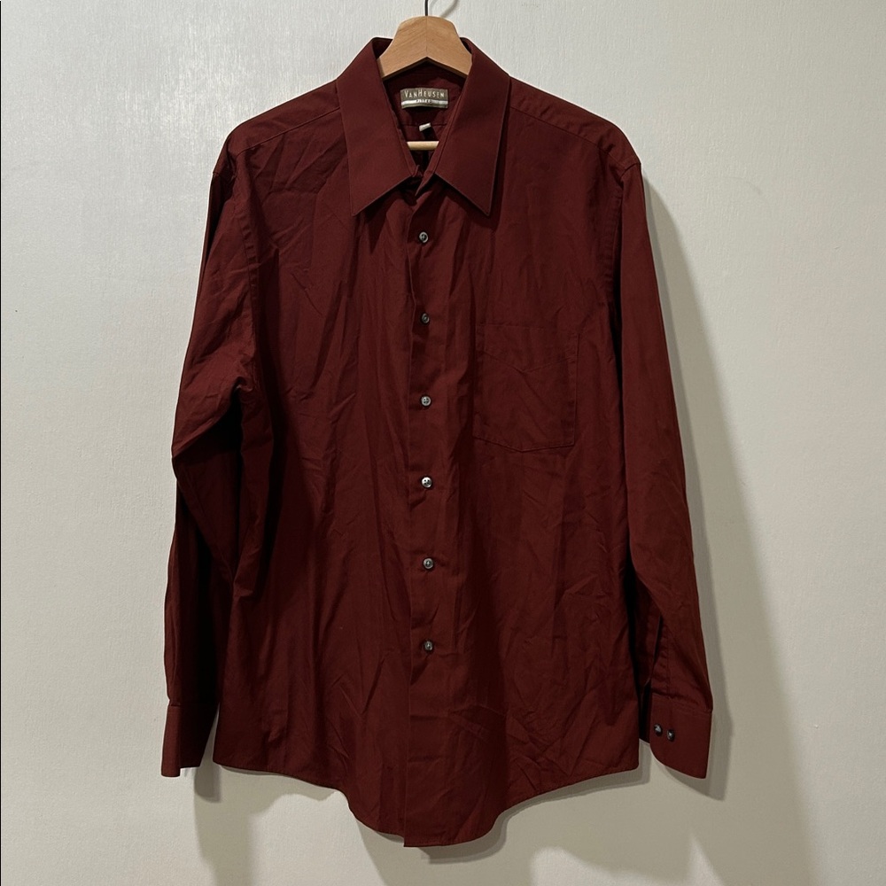 VANHEUSEN MENS BURGUNDY LONG SLEEVE BUTTON UP SHIRT FITTED Sz 34/35
